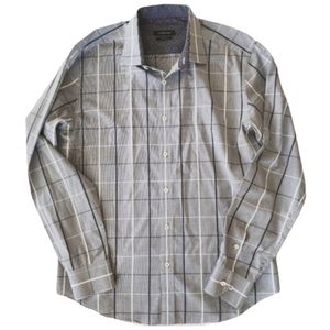 BUGATCHI SHAPED FIT PLAID BUTTON UP DRESS SHIRT. DARK GRAY/WHITE. SIZE: …